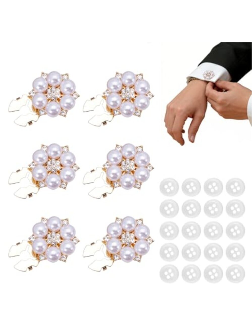 Clip On Rhinestone Pearl Button Covers, 6 Pack with Sewing Buttons, Shirt
